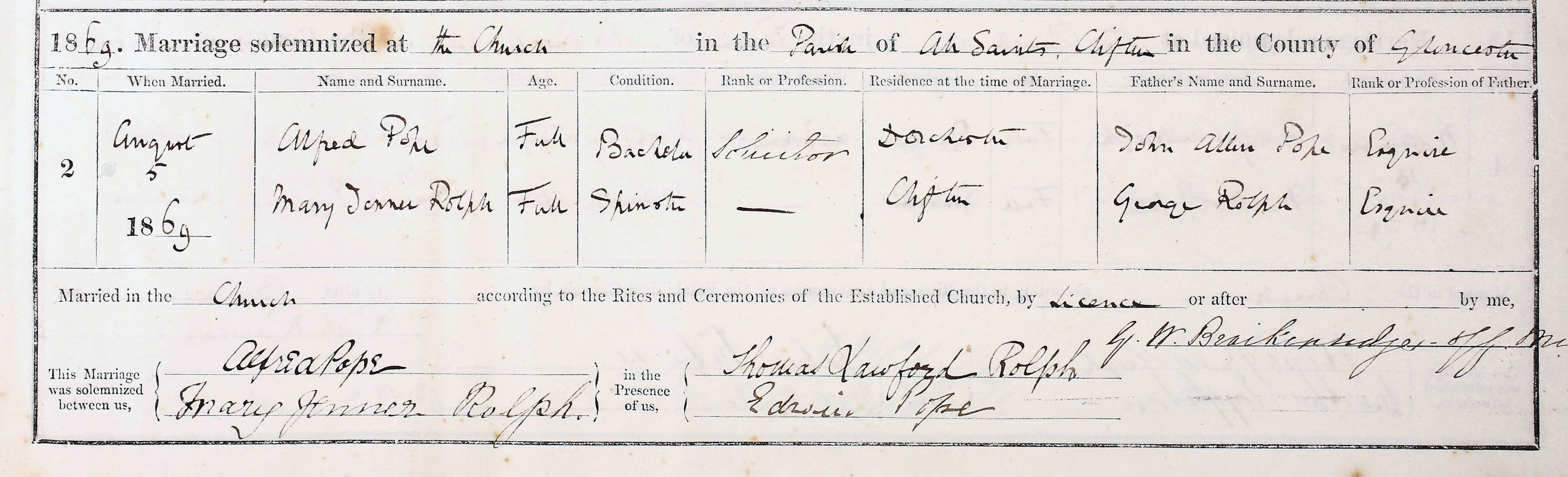 Alfred Pope marriage cert 1874